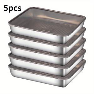 TEMU 텍스처 바닥과 안전한 뚜껑이 특징인 스테인리스 스틸 식품 보관 용기 5개 세트 – 누수 방지, 과일, 육류 및 채소에 쌓을 수 있도록 디자인, 세척 용이, 냉장고 및 냉동고 사용에 안전