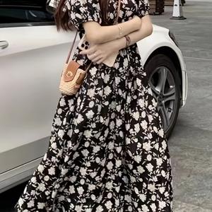 TEMU 우아한 플러스 사이즈 꽃무늬 미디 드레스, V넥과 흐르는 소매 - 블랙 앤 화이트 꽃무늬, 스트레치되지 않는 원단, 모든 계절에 완벽한 플러스 사이즈 드레스