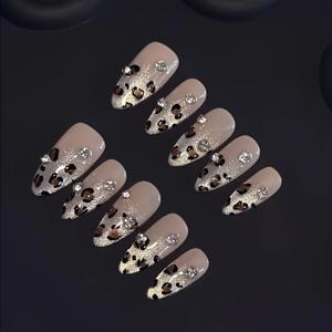 TEMU 10개입 핸드메이드 프레스온 네일 아몬드형 미디엄 길이 - 핑크 & 브라운 광택 스파클링 글루온 팁, 데일리 & 파티용|네일팁