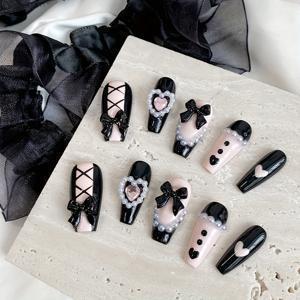 TEMU 여성용 핫 걸 에스테틱 핸드메이드 Y2K 프레스온 네일 10개 세트 - 롱 코핀 매트 인조네일, 3D 리본 & 하트 장식, 핑크 & 블랙 옴브레 디자인