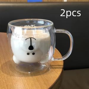 TEMU 2개, 동물 캐릭터 유리컵, 보로실리케이트 이중층 머그, 우유 주스 컵, 커피 컵
