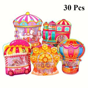 TEMU 30개 세트 만화 선물용 봉투, 투명 손잡이 지퍼백, 파티용 재봉투, 디자인당 6개, 총 5종: , 트럭, 미니 기차, 열기구, 대관람차 패턴, 투명 창문이 있는 다양한 모양, 생생한 색상, 선물용으로 이상적