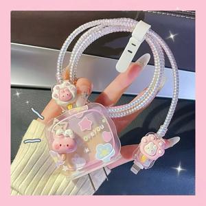 TEMU 물결 토끼 만화 데이터 케이블 보호대 5개 세트, 20W, Apple 아이폰 16, 아이폰 15 프로 맥스 호환, 아이폰 13용 고속 충전, 아이폰 14용 케이스 충전기, 귀여운 선물