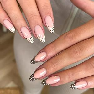 TEMU 10개입 핸드메이드 아몬드형 프레스온 네일 세트, 브라운 & 프렌치 폴카도트 스타일, 우아하고 미니멀, 모든 행사에 적합, 데일리웨어, 웨딩, 재사용 가능한 인조 네일