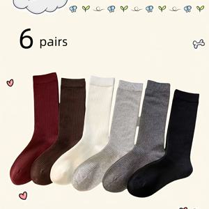 TEMU 6켤레 Ancola 레드 그레이 여성용 올 시즌 단색 인스 패션 겉옷용 퍼지 양말