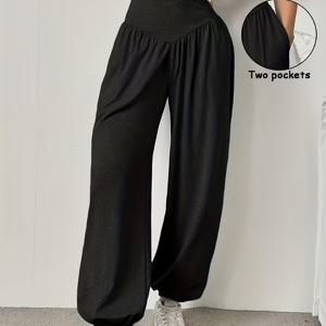 TEMU 여성용 하이웨이스트 편안한 조거 팬츠 | 탄성 있는 부드러운 와이드 레그 캐주얼 팬츠, 피트니스 및 운동에 적합, 단색, 올 시즌용, 포켓 포함