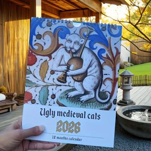 TEMU 2026년 중세 고양이 달력 - 고딕 중세 벽 달력, 월별 레이아웃, 중세 고양이 & 꽃 모티프 - 12개월 건식 지우개 페이퍼 달력 (월 레이블 포함), 홈 오피스 장식 - 레트로 고딕 장식, 빈티지 미학, 장식 예술 작품