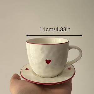 TEMU 1개 하트 모양 커피 컵 - 레드 트림 세라믹 하트 머그컵 & 소서세트 - 귀여운 러브 커피 & 티컵, 레드 엣지 하트 모양 세라믹 티/커피 머그, 크리스마스 & 발렌타인데이 선물 (재사용 가능)