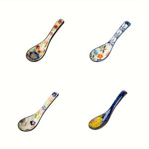 TEMU 4개 세라믹 스푼 세트, 대형 가정용 수프 스푼, 라면 스푼, 미소 스푼, 만두 스푼, 전통 수제 화분 디자인, 세라믹 커피 스쿱, 크리스마스, 할로윈, 부활절, 추수감사절을 위한 축제 분위기 테이블웨어
