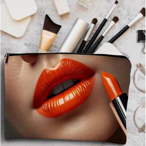 TEMU 립스틱 프린트가 있는 메이크업 백, 밝은 오렌지 립스틱 패턴, 휴대용 및 재사용 가능한 메이크업 백, 여성용 화장품 가방, 지퍼가 달린 필수 아웃도어 보관 가방, 스타일리시한 여성용 메이크업 백|립스틱