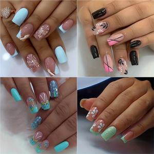 TEMU 업그레이드 룩 4팩/96피스 미디엄 길이 스퀘어 프레시 내추럴 틸 글리터 블랙 플로럴 네일 팁 프렌치 스타일 골드 라인 풀 커버리지 네일 세트 (캐주얼 데일리 웨어용) + 버핑 블록 2개 + 젤리 글루 96개