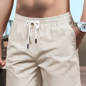 TEMU 클래식 디자인 통기성 주름 반바지, 여름 해변 리조트를 위한 남성 캐주얼 솔리드 컬러 허리 졸라매는 끈 반바지