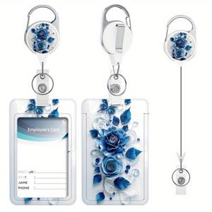 TEMU 2D 블루 입체 꽃무늬 문서 홀더 + 전면 배지 홀더 + 텔레스코픽 스크롤 명함 네임플레이트 수직 ID 카드 보호 커버 - 사무직, 간호사, 의사, 교사용
