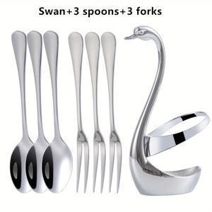 TEMU 7개 세트, 스테인리스 스틸 커피 스푼 및 디저트 포크 조합, 과일 포크 및 달콤한 달고비 포크, 케이크 스푼이 포함된 창의적인 스완 장식 보관 세트, 가정용, 호텔, 모임 및 파티에 적합, 5.86인치, 은색