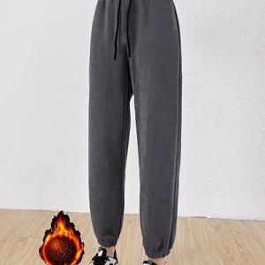 TEMU 여성 가을/겨울용 기모 안감 코듀로이 캐주얼 바지, 단색 드로스트링 허리 스웨트팬츠, 가을/겨울 야외 활동 필수템