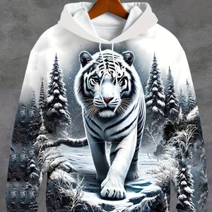 TEMU 남성용 3D 아이스 & 스노우 월드 화이트 타이거 그래픽 후디 - 긴팔 캐주얼 풀오버, 겨울 숲 프린트 스포츠웨어, 봄 & 가을용, 자연 영감 의류, 세탁기 사용 가능한 원단