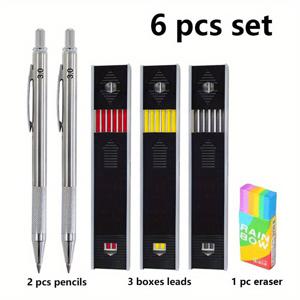 TEMU 6개/세트 3.0mm 깊은 구멍 목공 연필 단단한 기계식 목수 연필 세트 (리필 포함), 건축-site 작업자 마킹 펜, 건축 마커 펜 (연필 2개 + 리필 3개 상자 + 지우개 1개)