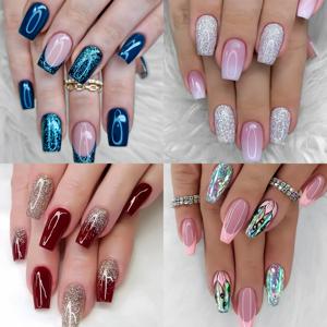 TEMU 96개 프레스온 네일 스티커 가을-겨울 세트 레드, 블루, 핑크 및 컬러풀 매니큐어 패션 여성용 인기 네일 데칼