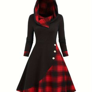 TEMU 체크 무늬 후드 긴팔 원피스 | 캐주얼 스타일, 컬러 블록 디자인, 가을/겨울에 적합