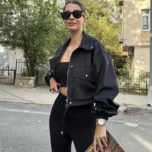 TEMU 여성 캐주얼 다용도 바캉스 노치 칼라 숏 지퍼 트렌치 코트 | 포켓이 있는 우아한 단색, 가을/겨울 출퇴근에 적합