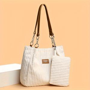 TEMU 세련된 소프트 원단의 투피스 코듀로이 토트백. 데일리 출퇴근에 완벽하며, 숄더백, 동전 지갑, 휴대폰을 들 수 있는 쇼핑 토트백이 함께 제공됩니다.