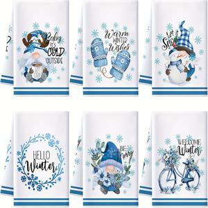 TEMU 6개의 크리스마스 인사말, 겨울 주방 타월, 눈사람 노움 설거지 타월, 파란 눈송이 티타월, 크리스마스 손 건조 타월, 베이킹 및 요리 천, 가정 주방 45 * 70CM/17.7 * 27.7IN, 욕실 장식