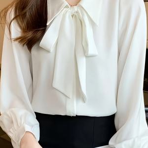TEMU 여성용 우아한 롱 슬리브 시폰 블라우스 - 리본 넥라인 & 퍼프 소매, 슬림핏 솔리드 컬러 올시즌 캐주얼&포멀 셔츠, 스타일리쉬 오피스웨어, 칼라리스 디자인, 통기성 원단, 쉬운 세탁