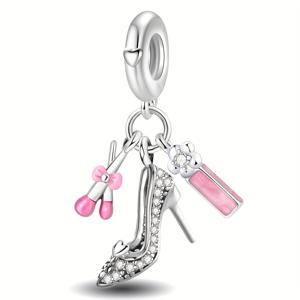 TEMU 925 실버 도금 카메라, 립스틱 리본 가방, 향수, 하이힐 신발 비즈, 오리지널 팔찌 및 목걸이 주얼리 여성 선물.