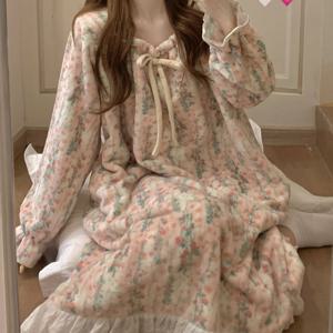 TEMU 코랄 여성용 가을/겨울 스퀘어넥 긴팔 나이트가운 두꺼운 플란넬 플로럴 라운지웨어|잠옷|여성원피스|인견원피스