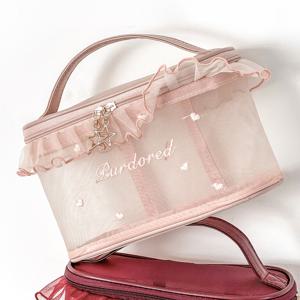 TEMU 러플 디테일과 러브 자수가 있는 정제된 레드 메쉬 메이크업 백 1개 - 소녀들을 위한 귀여운 휴대용 화장품 정리함, 여행이나 일상 사용에 완벽한 가벼운 나일론 세면도구 가방, 선물로도 좋은 투어릿 포치 | 러플 엣지 디자인 | 안전한 지퍼 클로저, 작은 화장품 가방