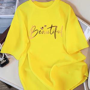 TEMU 캐주얼 파자마 스타일 반팔 라운드넥 티셔츠, 아름다운 레터링 프린트, 봄, 여름, 가을 착용에 적합한 다용도 티셔츠