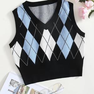 TEMU 여성용 기하학 패턴 V넥 스웨터 조끼