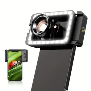 TEMU APEXEL 100mm 매크로 렌즈 키트, LED 필라이트가 포함된 휴대폰 렌즈, 아이폰, 화웨이, 샤오미, 삼성 및 기타 스마트폰용 매크로 렌즈 - 2700~6500K, 3단계 색상 조절, 5V/1A Type-C 충전, 350mAh 리튬 배터리