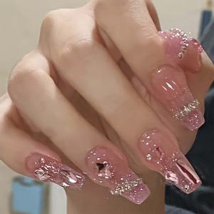 TEMU 24개 롱 발레 코핀 프레스온 네일 세트, 핑크 그라데이션 글리터와 3D 나비 라인스톤 장식, 여성용으로 적합, 풀 커버 인조 네일 팁, 네일 파일, 젤리 글루 포함