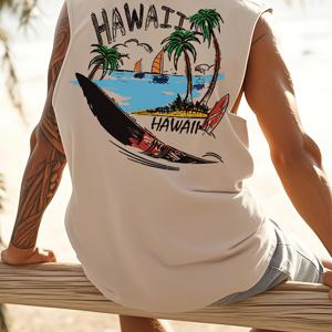 TEMU OBM 통통 남성 하와이안 프린트 탱크탑 - 트로피컬 팜 트리 & 서프 디자인, 레귤러 핏 캐주얼 비치웨어, 기계 세탁 가능 사계절용 편안한 옷감, 여름 액세서리, 서프 테마 디자인, 휴대하기 좋은 티셔츠|남자셔츠|나시티|남자옷