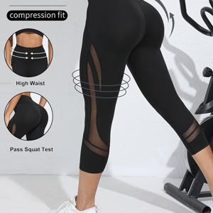 TEMU 여름 7-포인트 메쉬 스플라이스 요가 레깅스, 하이웨이스트 속건 스타일리시 피트니스 운동 타이츠