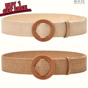 TEMU 2개 스타일 탄성 스트로 벨트 - 클래식 라운드 버클, 청바지 & 드레스용 와이드 허리띠, 여름 해변 및 웨딩, 캐주얼부터 포멀까지