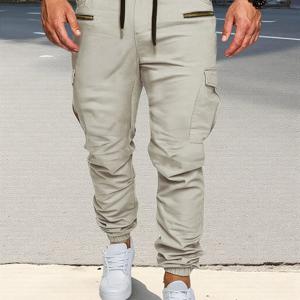 TEMU 남성용 캐주얼 카고 팬츠 - 탄색, 다중 포켓 & 조절 가능한 드로스트링 허리, 레귤러 핏 올시즌 워크웨어 스타일 바지, 세탁기 사용 가능, 단색 디자인, 신축성이 없는 원단
