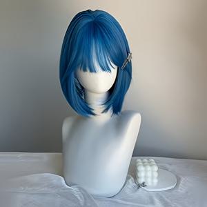 TEMU 12인치 딥 스카이 블루 가발 바다색 화이트 밥 헤어 자연스러운 여성 숏 풀 헤드 | 내열성 | 일상 코스프레 휴일 파티용 편안하고 통기성 좋은