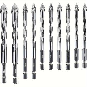 TEMU 10개 신제품 사날 톱니형 이심 드릴 비트 세트, 고강도 네면 톱니형 이심 드릴 비트, 콘크리트 타일 도자기 목재용 다기능 드릴 비트 (5*2/6*4/8*2/10/12, 실버색)
