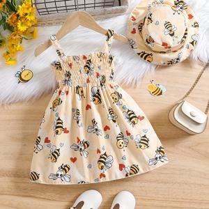 TEMU 0-3세 여아용 귀여운 벌 무소매 드레스 & 모자 세트|나시원피스|여름모자|민소매원피스