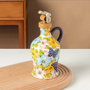 TEMU 손으로 그린 핸들 달린 세라믹 오일병 1개 - 대용량, 우아한 나비 꽃무늬 디자인, BPA 프리 주방 장식 액세서리, 올리브 오일, 식초 또는 디저트 소스용, 장식용 주방용품 | 꽃무늬 세라믹 병 | BPA 프리 세라믹, 주방 오일병