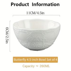 TEMU 나비 무늬 세라믹 그릇 4개 세트, 4.5인치 우아한 엠보싱 디자인, 화이트와 그린 색상, 쌓기 가능. 샐러드, 과일, 라면, 디저트, 밥에 적합. 오븐, 전자레인지, 식기세척기 사용 가능. 주방, 식당, 연회, 가정 또는 레스토랑 사용에 이상적. 할로윈, 크리스마스, 부활절, 추수감사절, 졸업식 등 휴일에 완벽