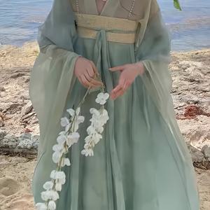 TEMU 한 요소 탕 스타일 울트라 시크 우아한 고대 패션 라펠 칼라 드레스 여성용 신선한 한푸 봄 여름 새 제품 연두색|여름원피스