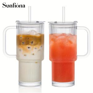 TEMU Sunfiona 1/2개 세로 줄무늬 유리 빨대 컵 손잡이 및 뚜껑 포함 - 야외용 유리 빨대 물병, 대형 커피컵, 주스컵, 우유컵, 아름다운 여행용 컵 (스무디, 차 및 주스용)