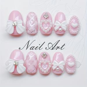 TEMU 10개입 핸드메이드 프레스온 네일 숏 오벌 네일 - 프렌치 리본 & 하트 장식 (핑크 & 화이트) - 손/발용 DIY 매니큐어 - 재사용 가능 젤 글루 & 네일 파일 포함 (DIY 네일 아트)|네일|젤네일