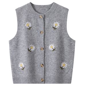 TEMU 2026 봄/여름 신상 여성용 그레이 가디건 조끼, 작은 데이지 자수, 민소매 스웨터 코트, 라운드넥의 프렌치 엘레강스 스타일, 매력적인 오픈 프론트 탑, 출퇴근 및 데일리룩에 완벽