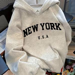 TEMU 뉴욕 레터 프린트 여성용 캐주얼 후드 스웨트셔츠, 긴 소매와 따뜻한 안감