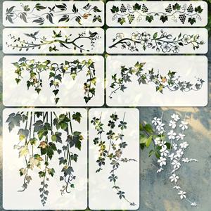 TEMU 나무 페인팅용 대형 포도덩굴 스텐실 8개 세트, 덩굴, 잎, 꽃, 나비, 가지, 새가 특징인 재사용 가능한 미술 및 공예 템플릿 - 패브릭, 캔버스, 나무, 벽, 가구 및 홈 데코에 적합
