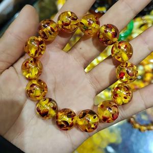 TEMU 핸드메이드 천연 호박색 팔찌 - 남녀공용 꿀 호박 비즈, 빨간 꽃 디자인, 남녀 공용 우아한 원형 싱글 루프 주얼리, 데일리룩으로 완벽